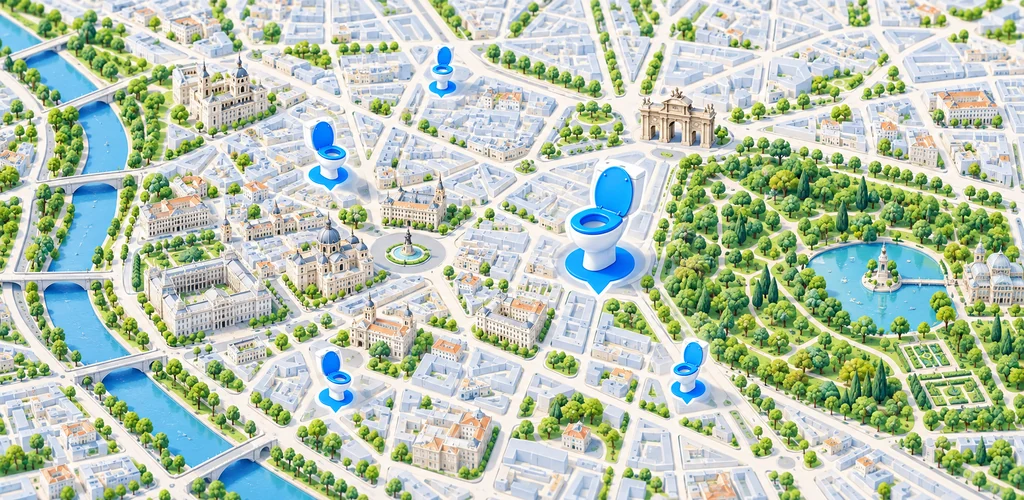 Illustrated map of Madrid with toilet markers, parks and city landmarks